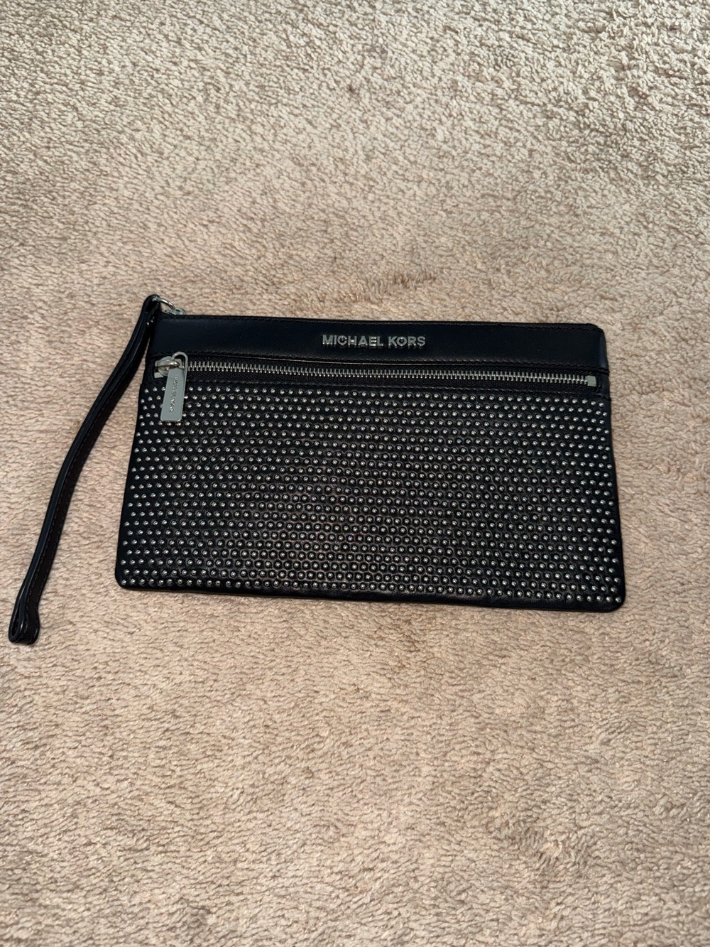 Michael Kors Black Studded Wristlet Pouch with Silver Hardware